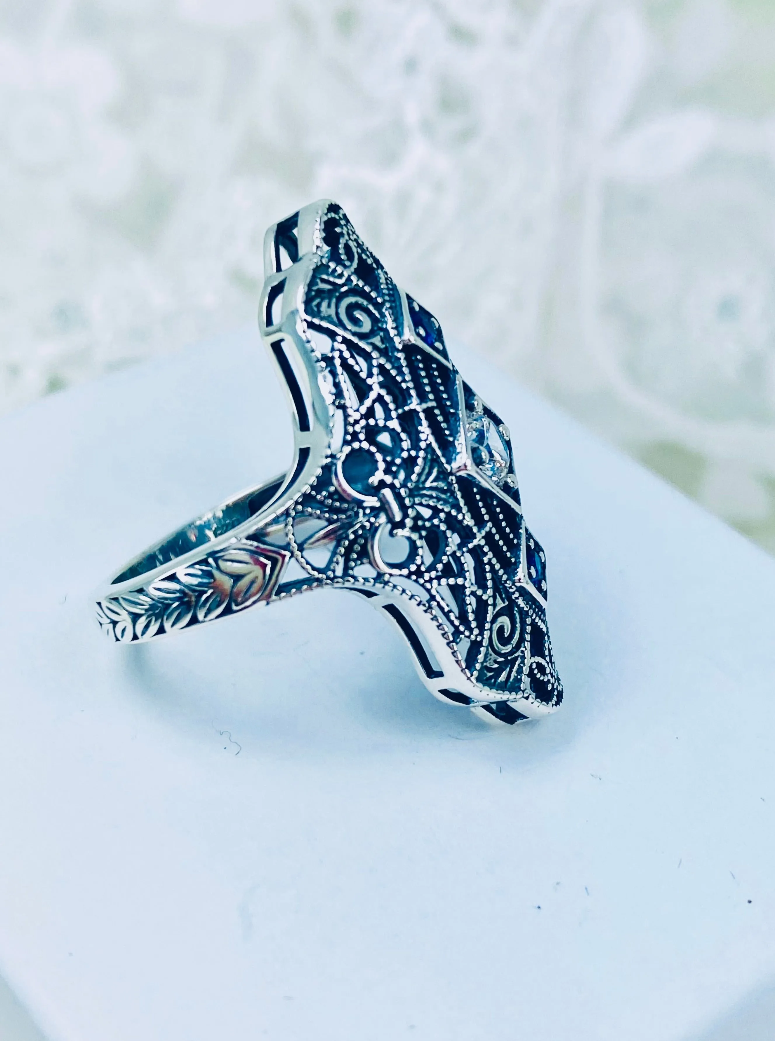White CZ & Blue Sapphire Ring, 1920s-30s Art Deco, Gatsby style Jewelry D593