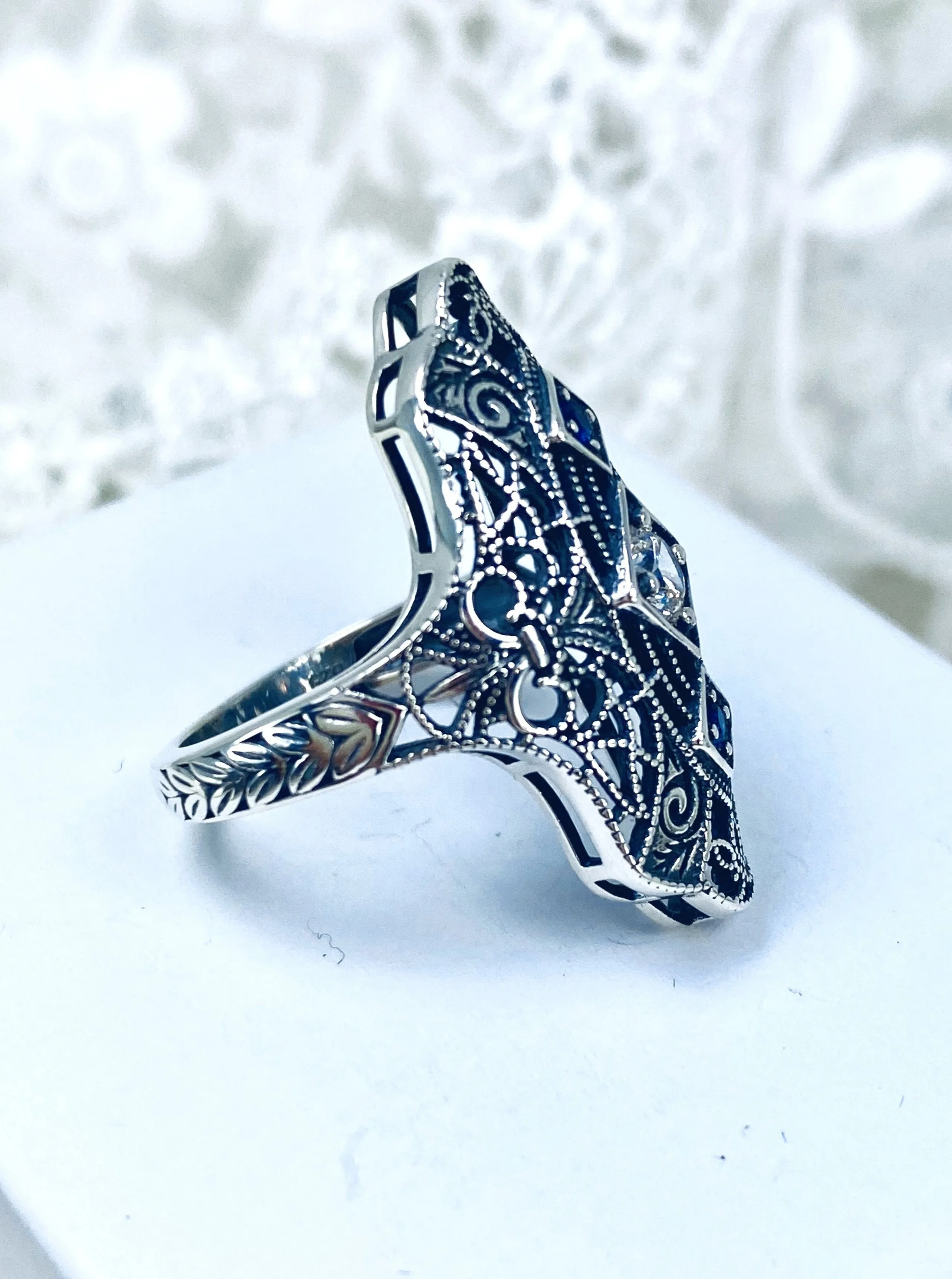 White CZ & Blue Sapphire Ring, 1920s-30s Art Deco, Gatsby style Jewelry D593