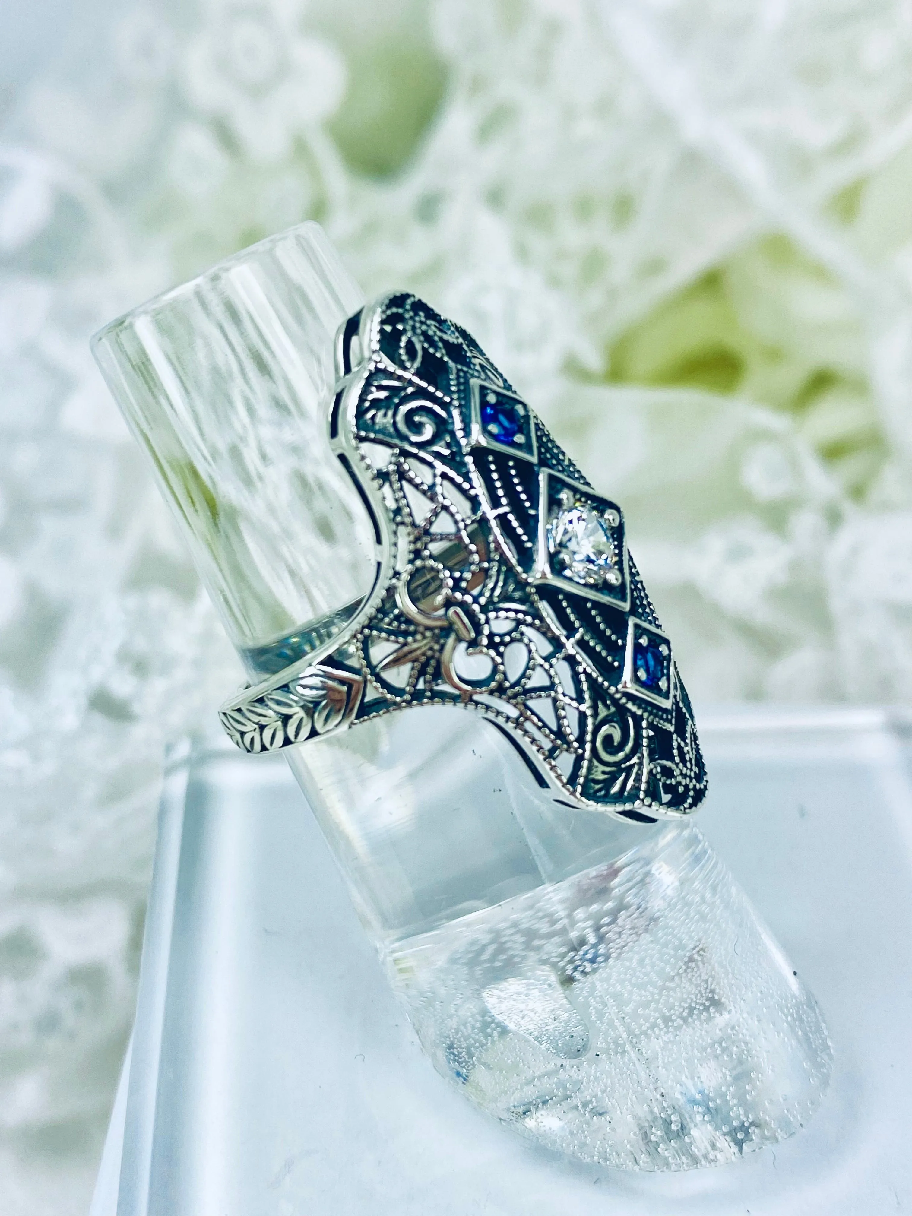 White CZ & Blue Sapphire Ring, 1920s-30s Art Deco, Gatsby style Jewelry D593