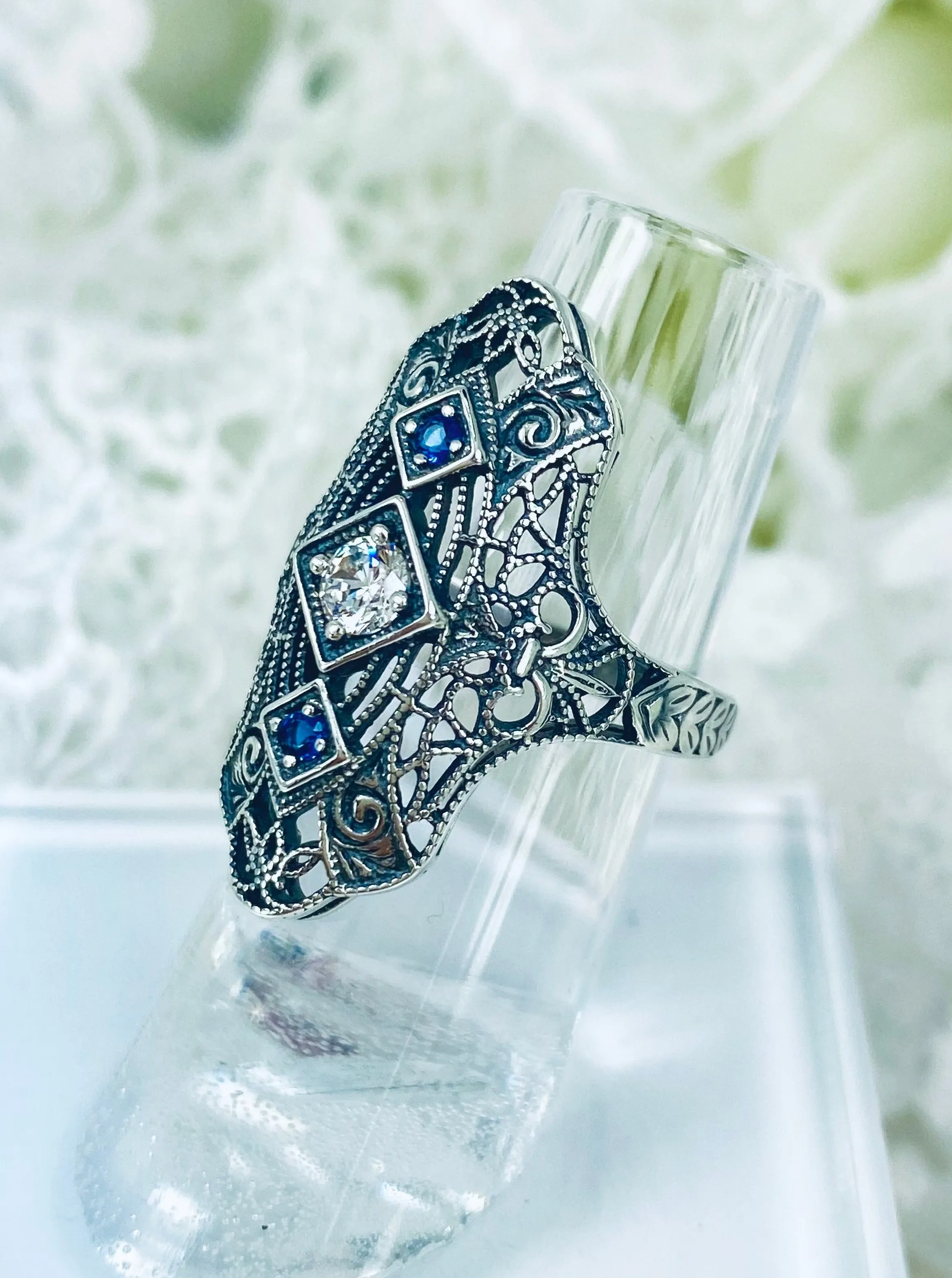 White CZ & Blue Sapphire Ring, 1920s-30s Art Deco, Gatsby style Jewelry D593