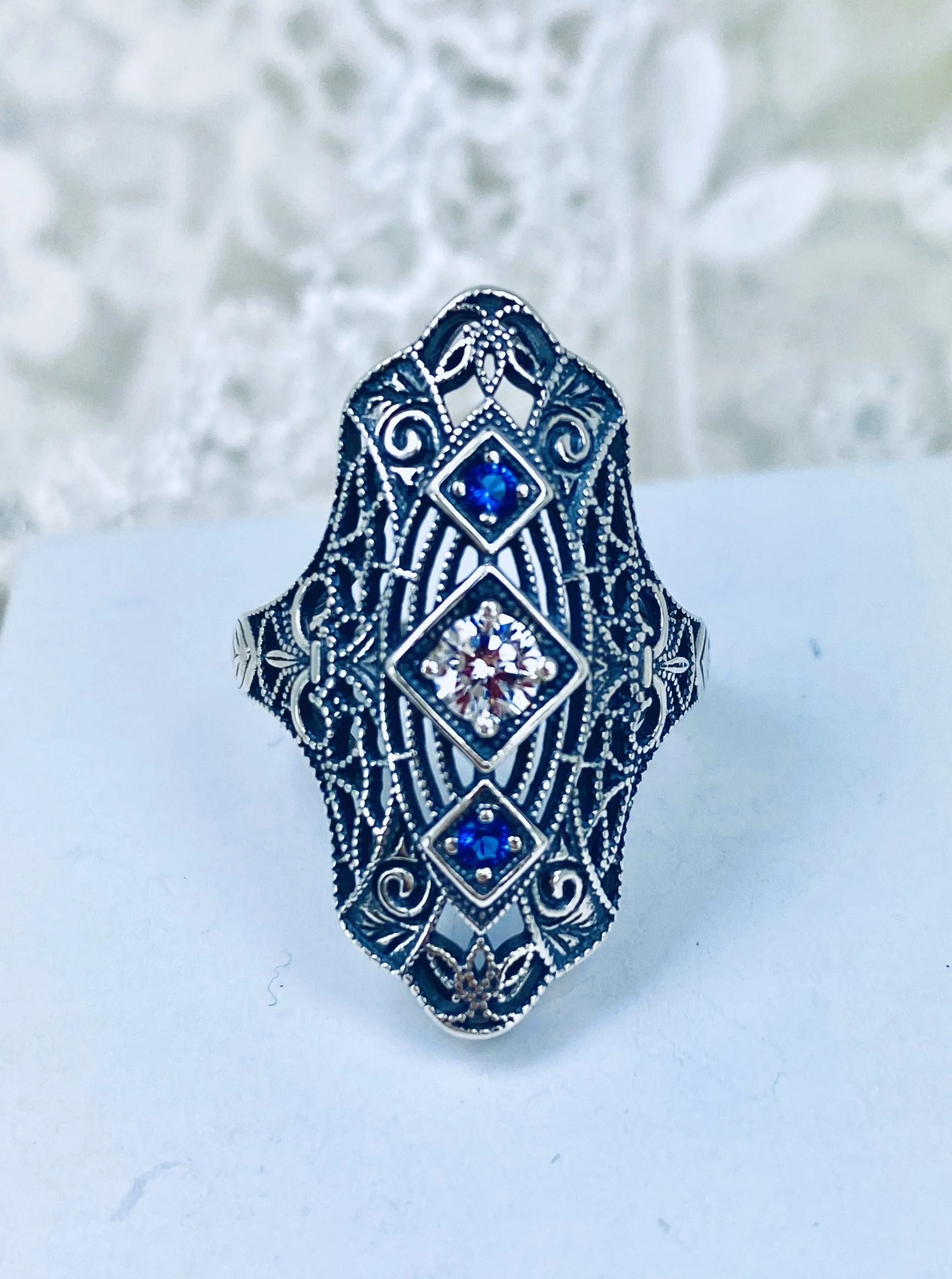 White CZ & Blue Sapphire Ring, 1920s-30s Art Deco, Gatsby style Jewelry D593