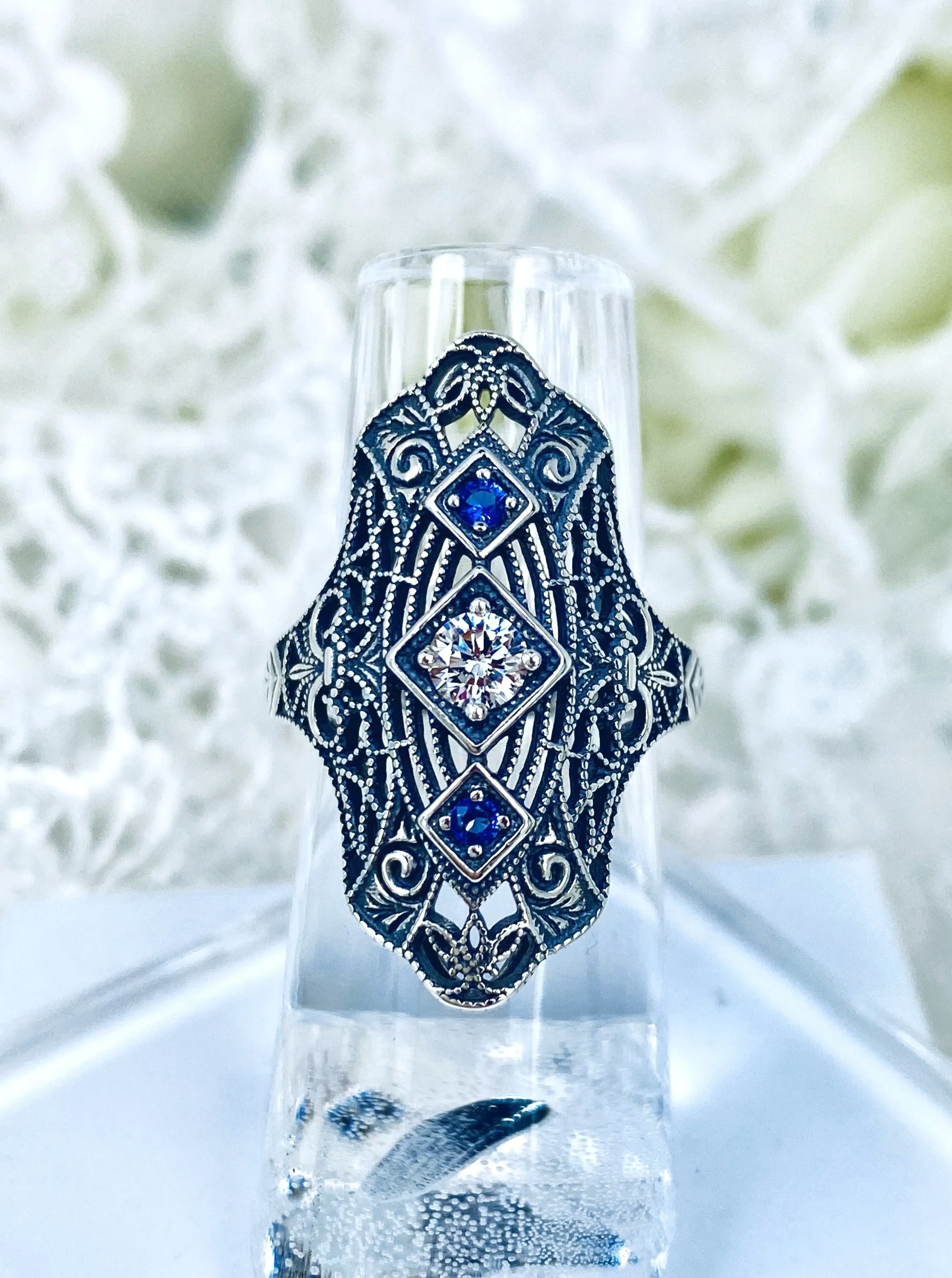 White CZ & Blue Sapphire Ring, 1920s-30s Art Deco, Gatsby style Jewelry D593