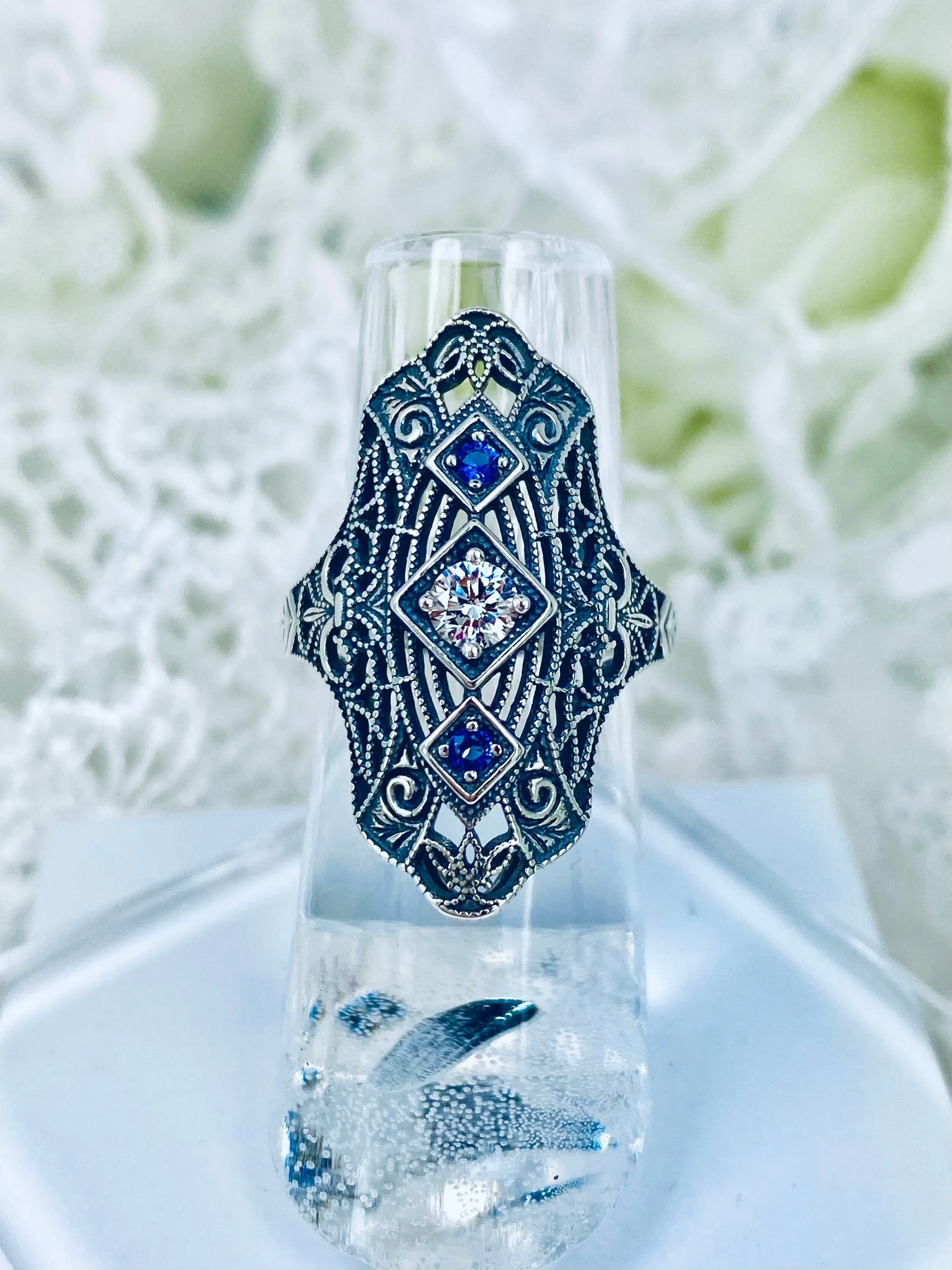 White CZ & Blue Sapphire Ring, 1920s-30s Art Deco, Gatsby style Jewelry D593