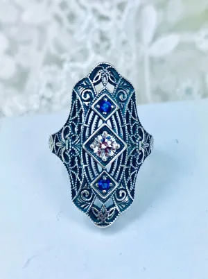 White CZ & Blue Sapphire Ring, 1920s-30s Art Deco, Gatsby style Jewelry D593