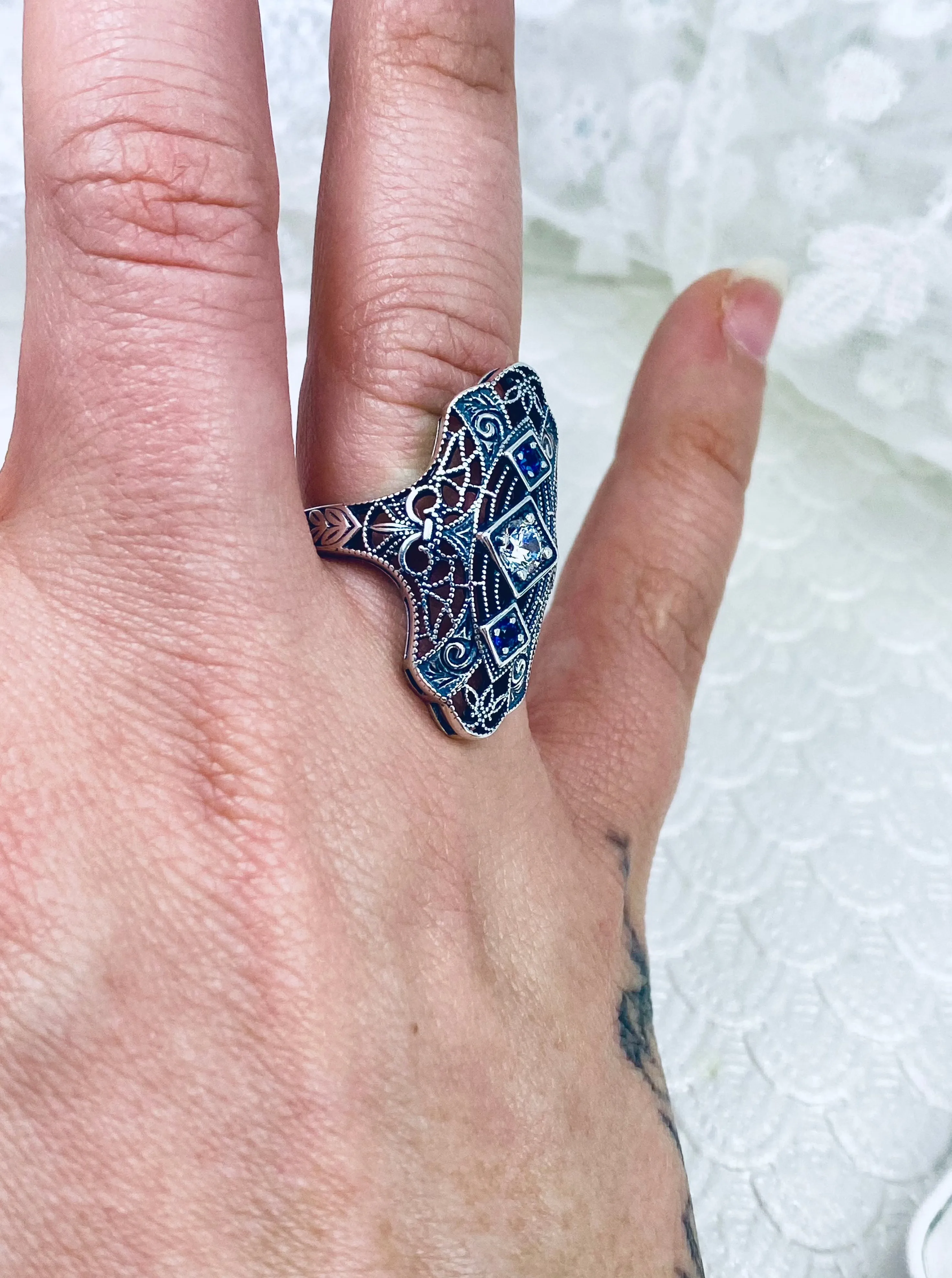 White CZ & Blue Sapphire Ring, 1920s-30s Art Deco, Gatsby style Jewelry D593