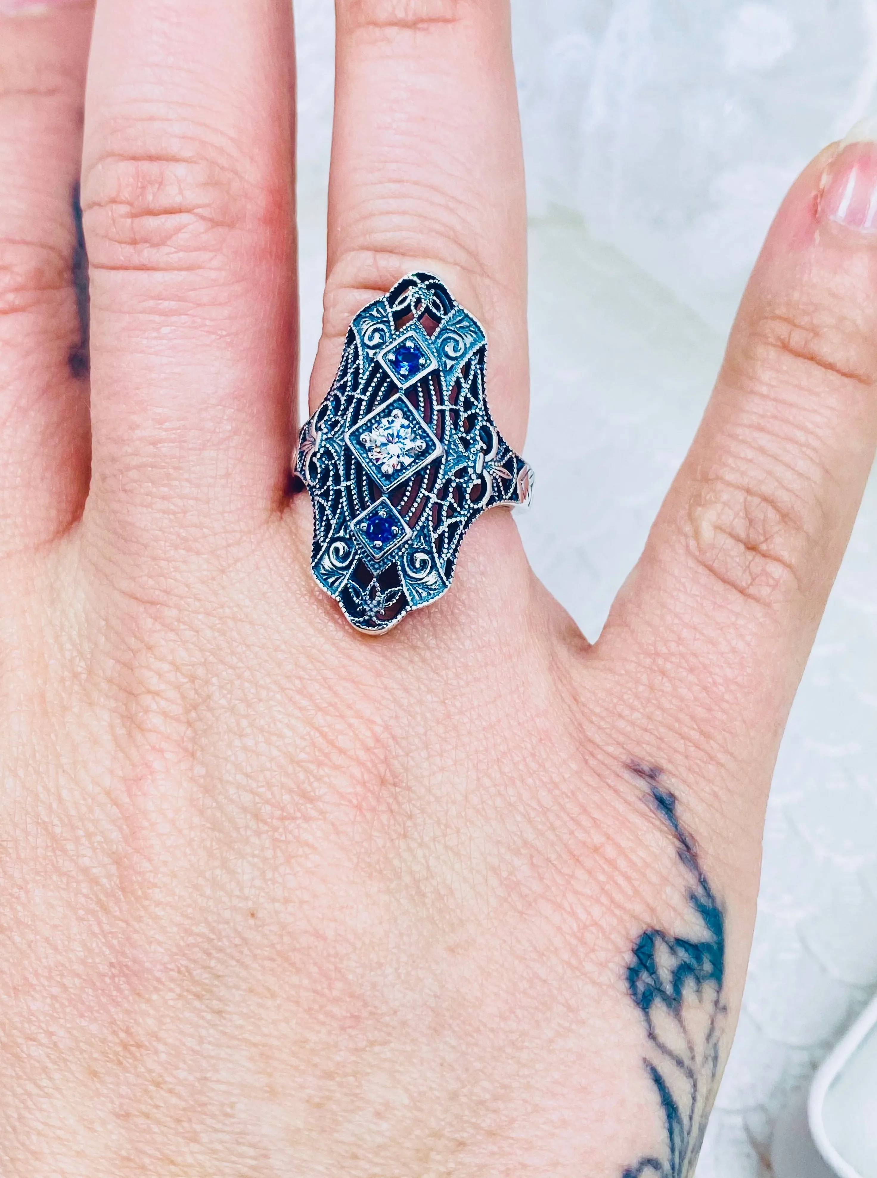 White CZ & Blue Sapphire Ring, 1920s-30s Art Deco, Gatsby style Jewelry D593