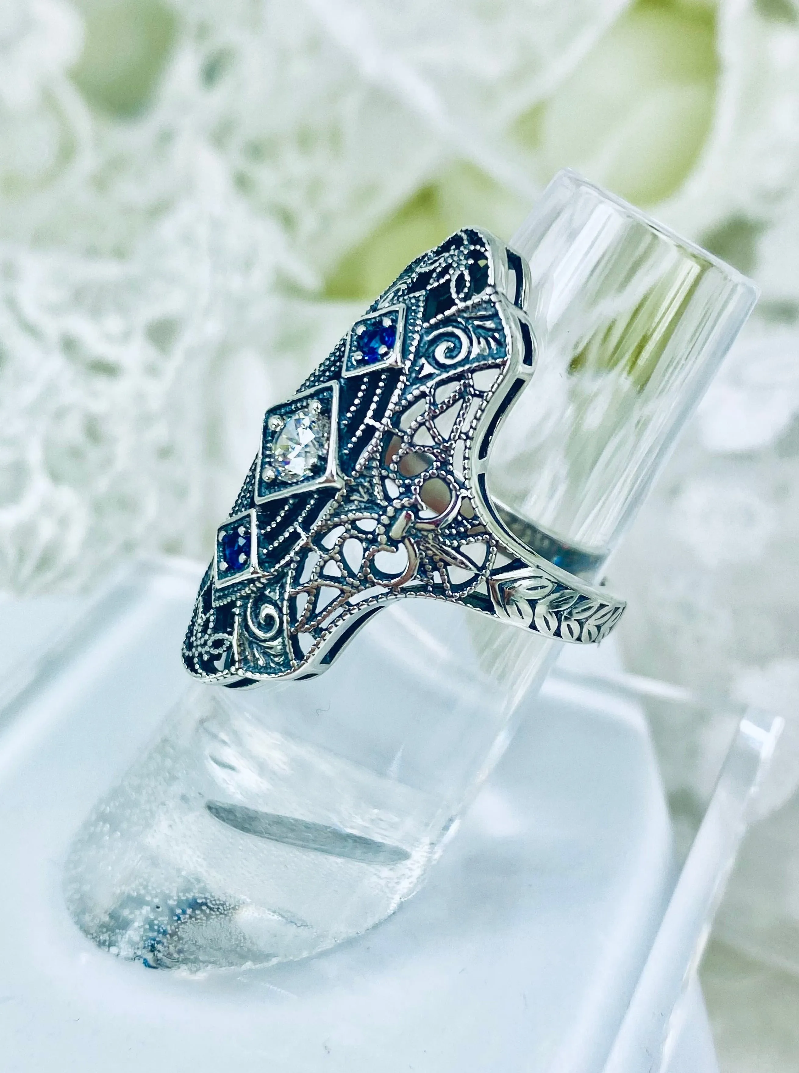 White CZ & Blue Sapphire Ring, 1920s-30s Art Deco, Gatsby style Jewelry D593