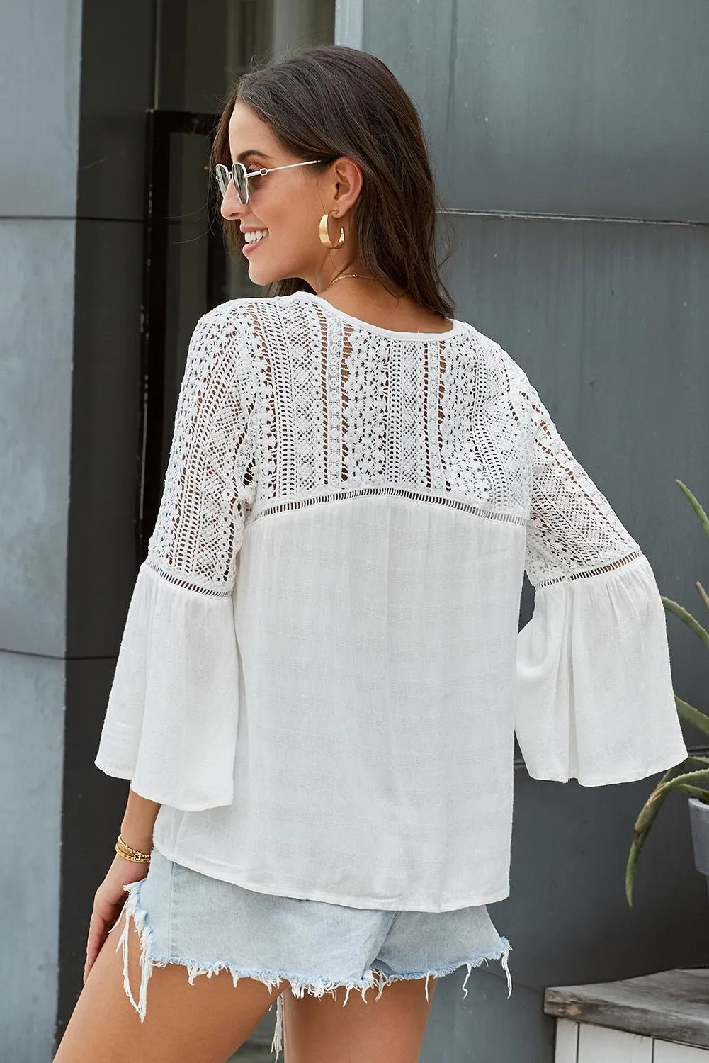 White Lace Bell Sleeve Top