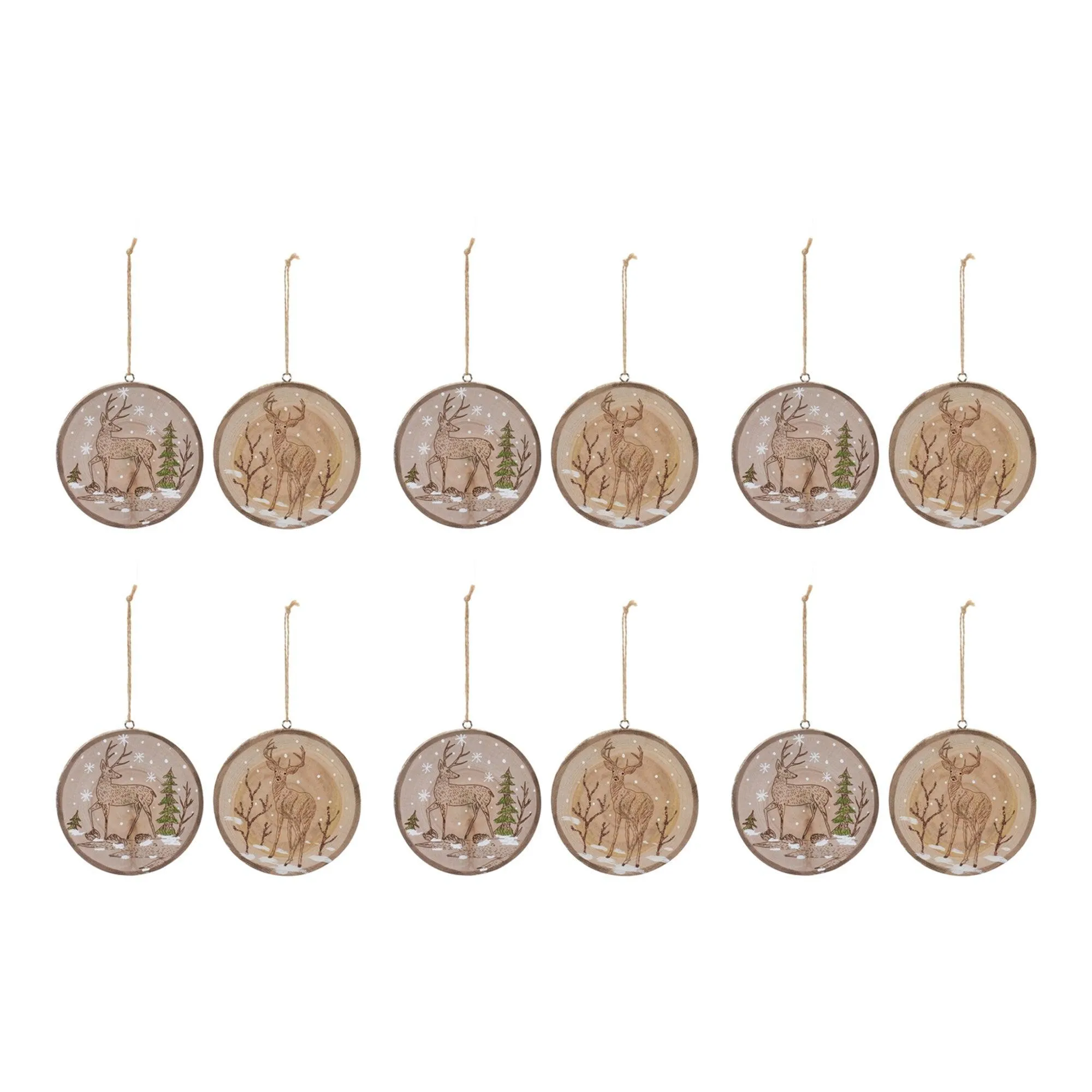 Wood Deer Tree Disc Ornament (Set of 12)