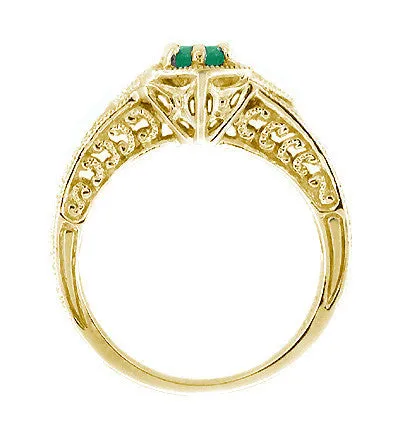 Yellow Gold Art Deco Filigree Engraved Emerald and Diamond Engagement Ring