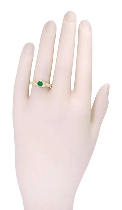 Yellow Gold Art Deco Filigree Engraved Emerald and Diamond Engagement Ring